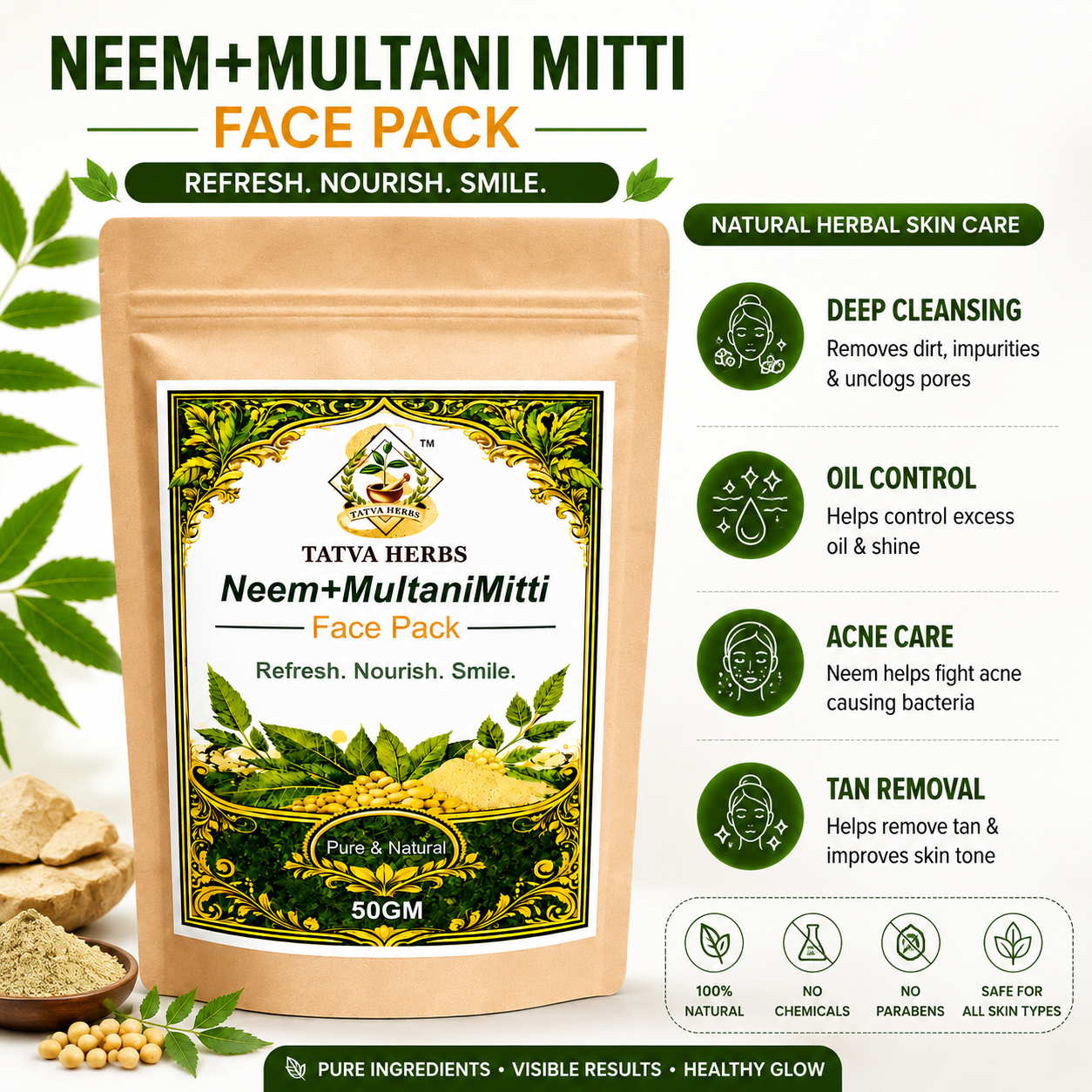 Tatva Herbs Neem + Multani Mitti Face Pack – 50gm